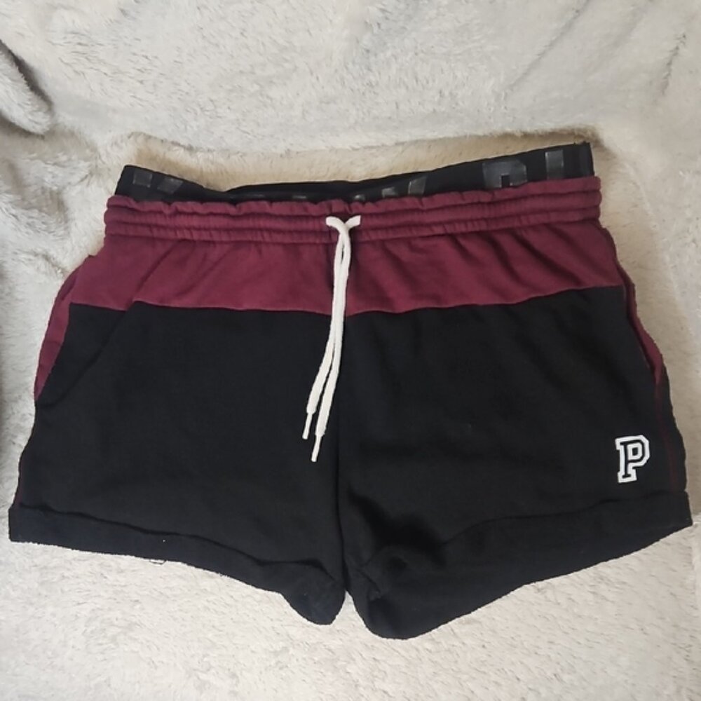 Victoria's Secret PINK Black & Maroon Athletic Shorts - Logo Waistband